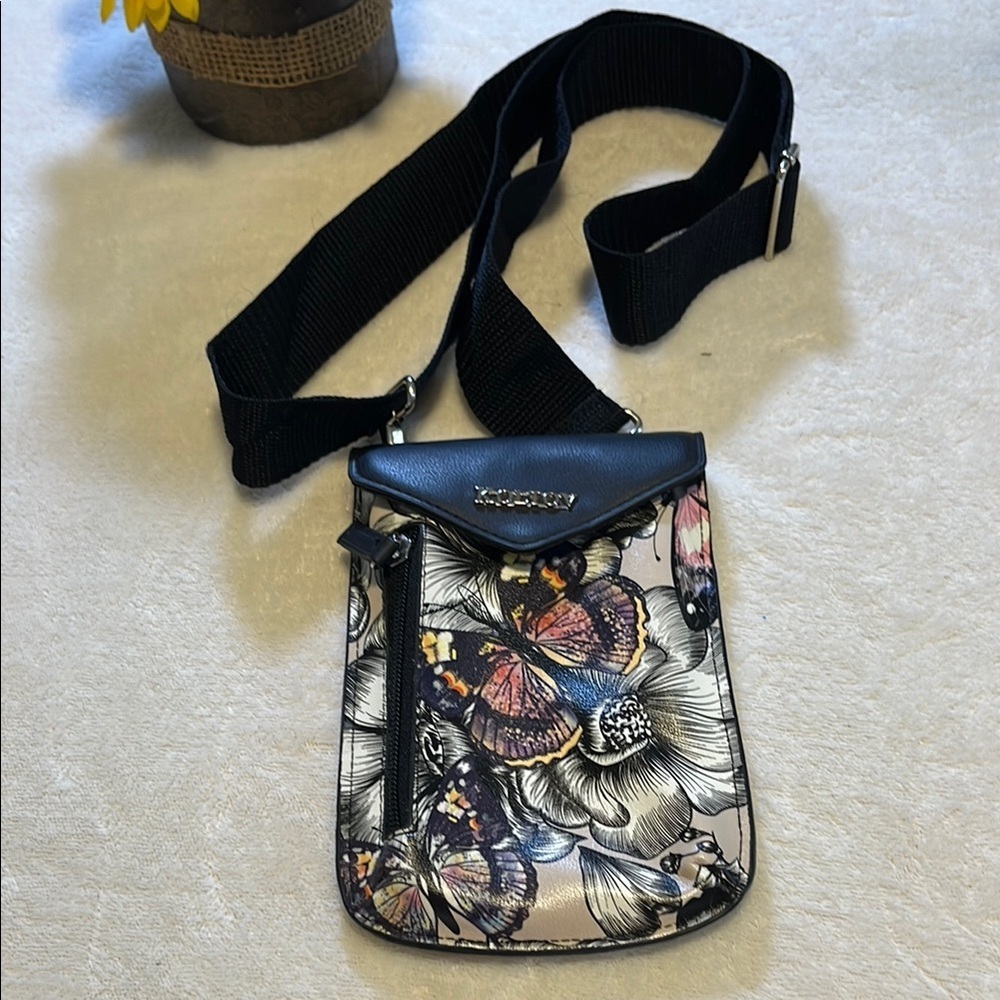 Artistic Black and Pink Crossbody Bag with Butterfly Design